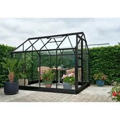 OUTRIUM HÆRDET GLAS DRIVHUS INKL. SOKKEL 3 MM HÆRDET GLAS HELE BANER SORT 5 M²